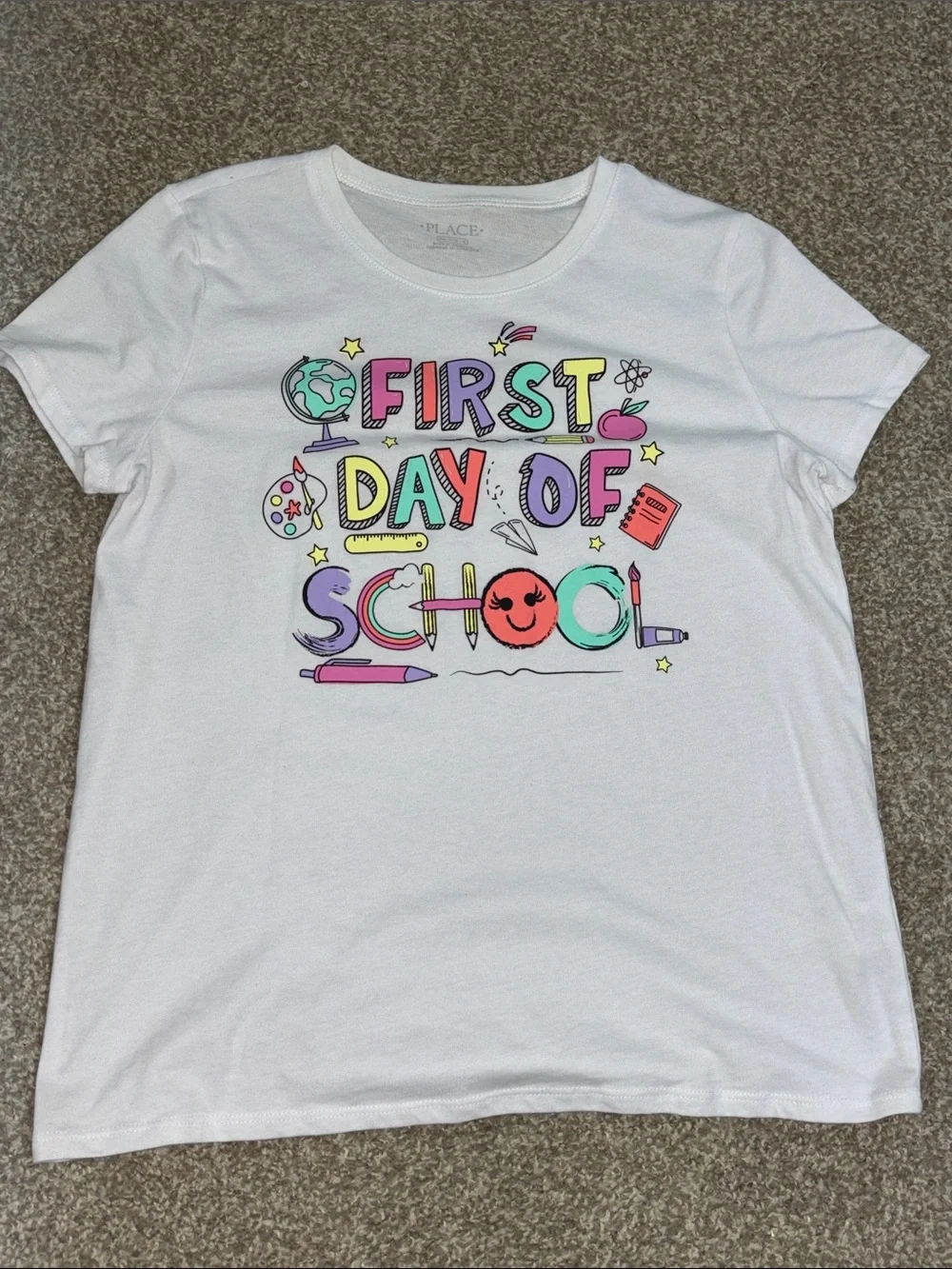The Children's Place White Tee with Colorful 'First Day of School' Graphic
